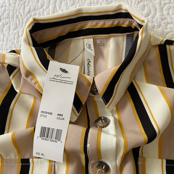 NY Collection Taupe and Navy Striped Long Sleeve Dress Business Casual, Classic - Picture 3 of 12